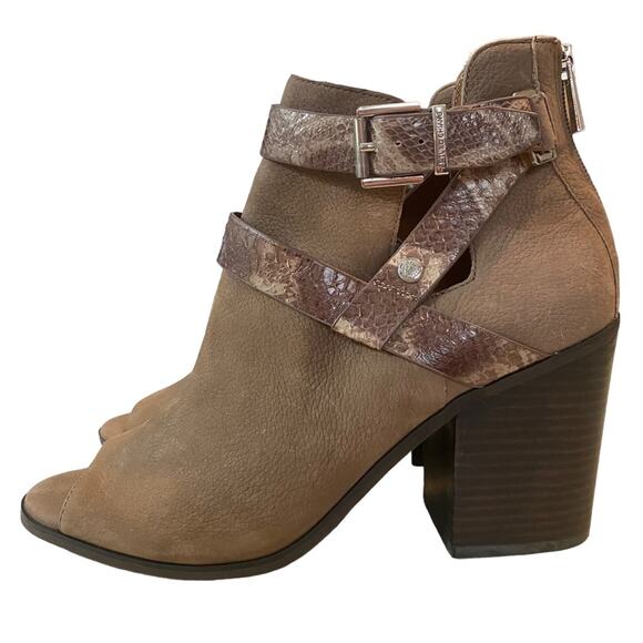 Arturo Chiang Bootie Peep Toe Upper Leather Snake Pattern Brown Taupe Size 9.5 - Picture 4 of 10